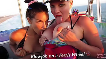 Watch This Hot Milf And Teen (18+) Take Turns Giving A Risky Double Blowjob On A Ferris Wheel